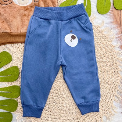Conj. Casaco de Pelinho Let's Go e Calça de Moletom Ursinho - Marrom e Azul Jeans